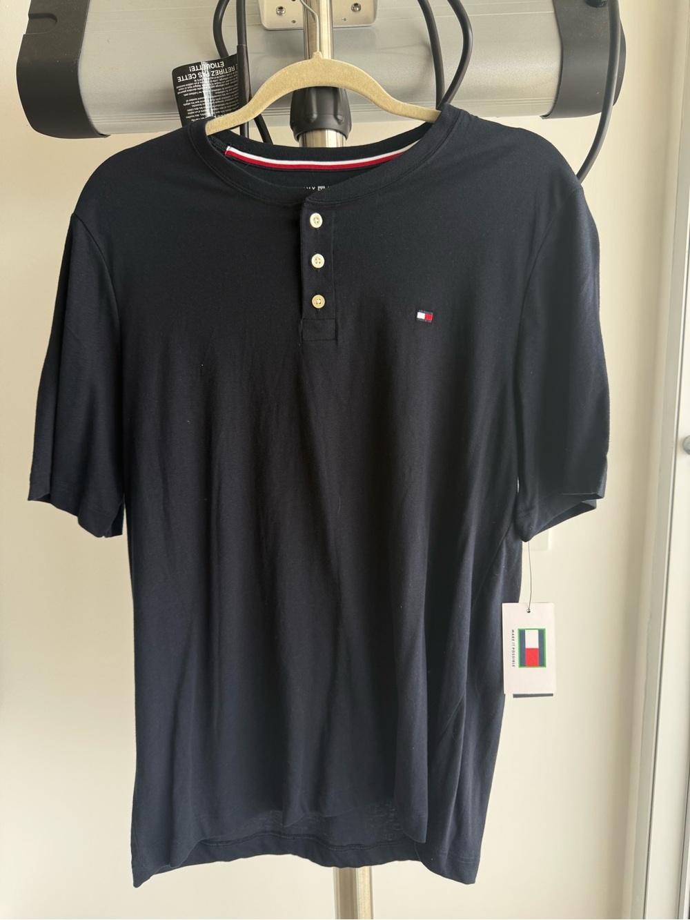 Tommy Hilfiger Black Short-Sleeve Henley with Signature Flag